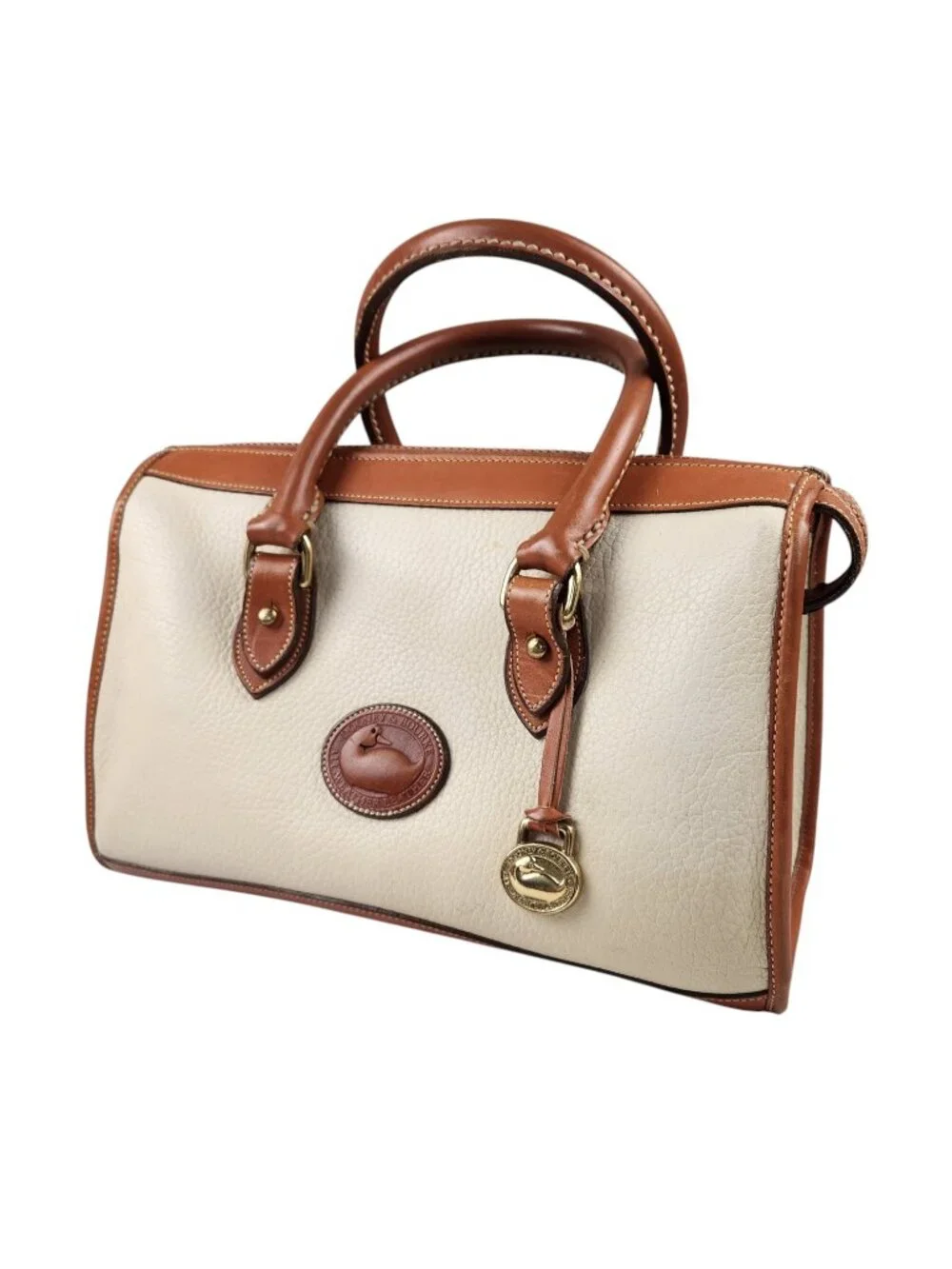 VTG Dooney & Bourke Leather Satchel Cream Pebble Body Tan Trim Brass Duck Fob US